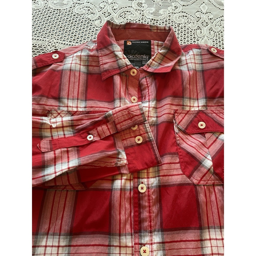 Akademiks Long Sleeve Shirt Mens Plaid Size 3XL Red long Roll-up Sleeves